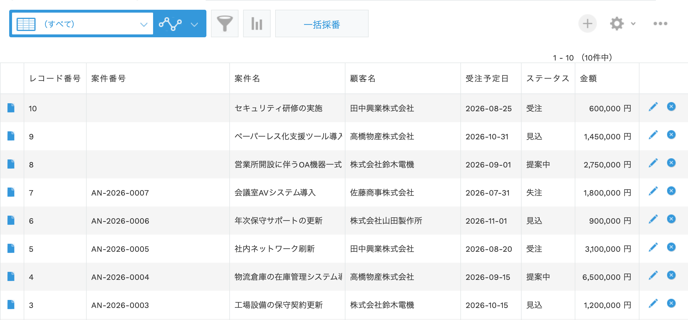 一覧画面の一括採番ボタン。案件番号が空のレコードにまとめて採番できる