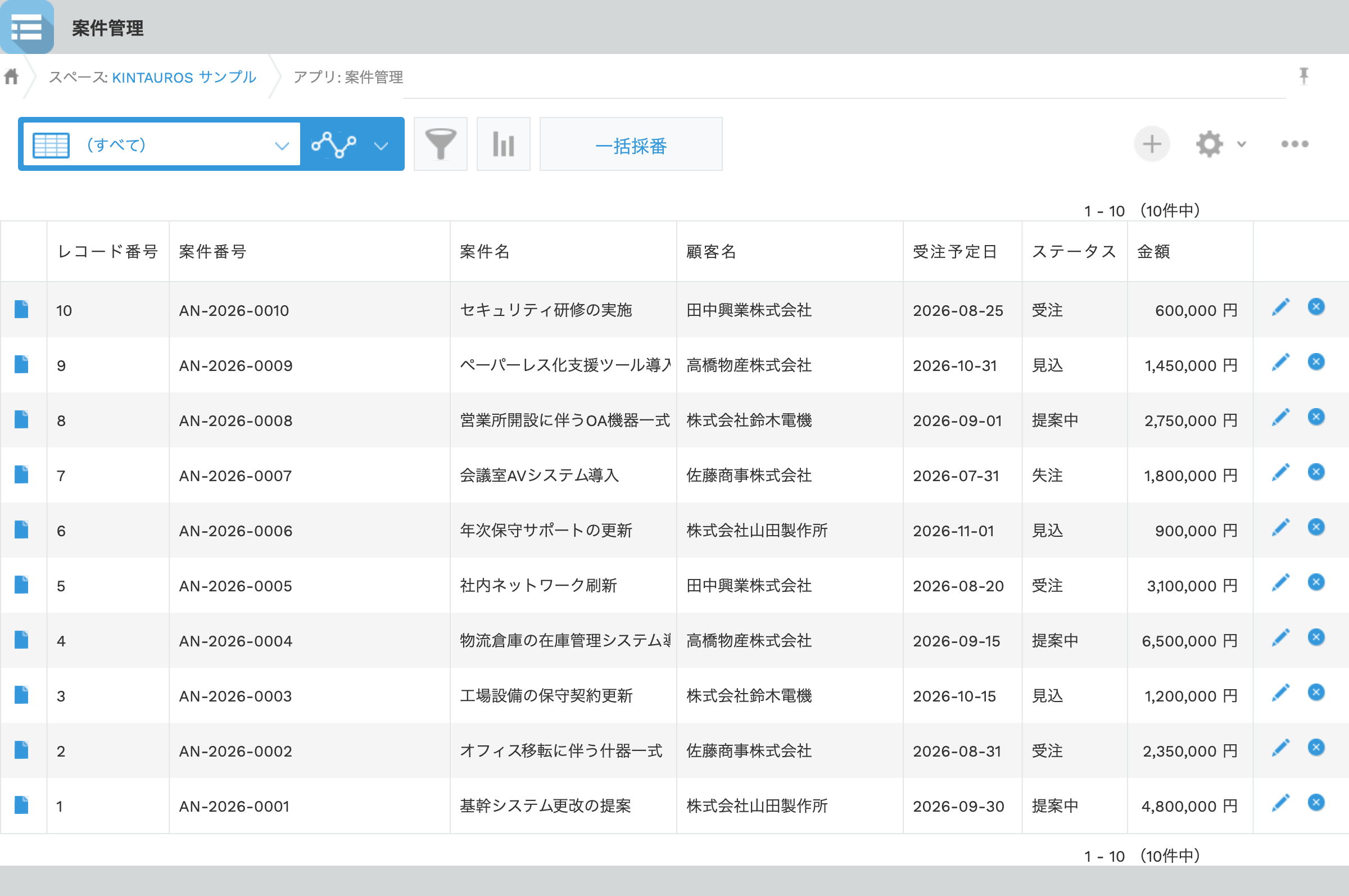 案件管理アプリの一覧画面。案件番号フィールドに AN-2026-0001 から連番が自動採番され、一括採番ボタンが表示されている