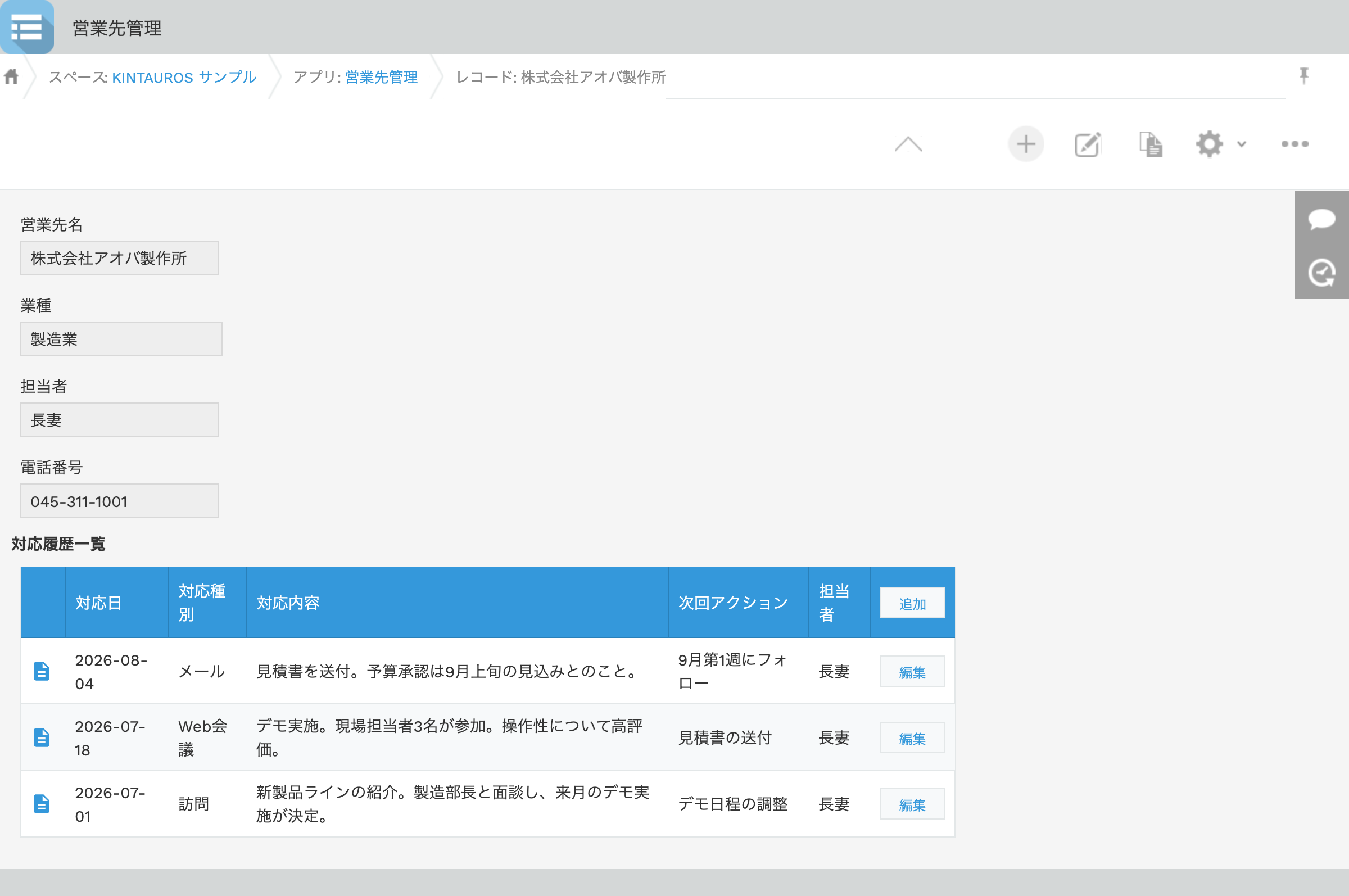 営業先管理アプリのレコード詳細画面。関連レコードの対応履歴一覧が「追加」ボタンと行ごとの「編集」ボタン付きのテーブルで表示されている